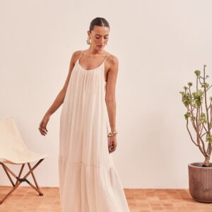 Vestido Longo Evasse Decote V Natural